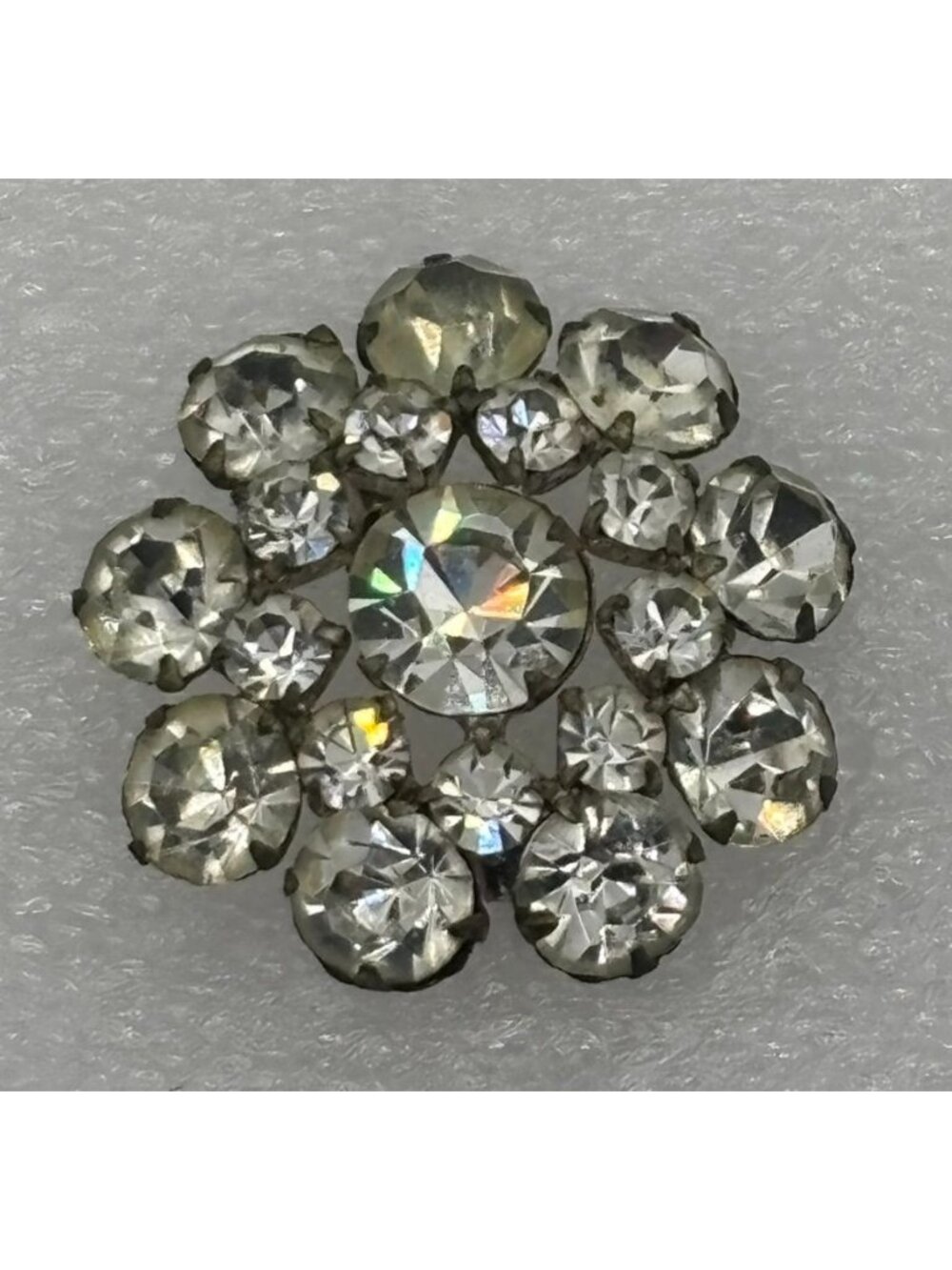 Vintage Pot Metal Brooch Prong-Set Rhinestones Circular/Floral Shape and C-Clasp